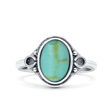 Vintage Style Petite Dainty Simulated Turquoise Ring Solid Oval Oxidized 925 Sterling Silver